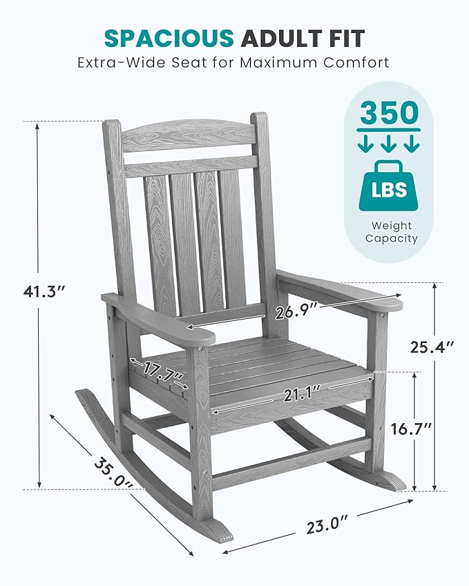 SERWALL HDPE Outdoor Rocking Chair Set of 4, Oversized Patio Rocking Chairs, All-Weather Porch Rockers for Adults, Light Gray