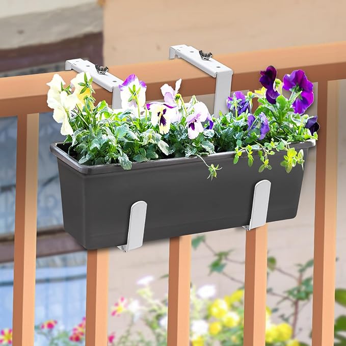 Adjustable Planter Box Bracket, Flower Box Holder Brackets for Deck Railing, Window Box Hanging Brackets for Patio Garden Fence Pergola Balcony Supporting Heavy Planters-4 Pack