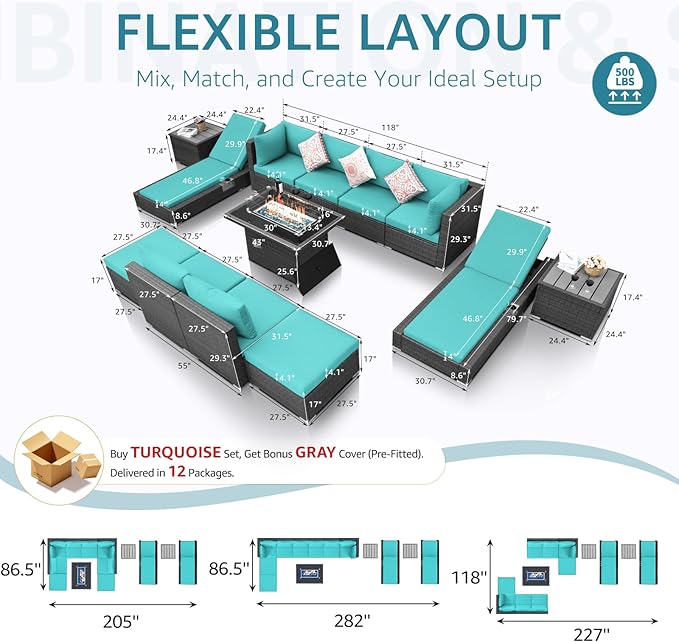 NICESOUL 13 Piece Patio Furniture Set with Fire Pit, Oversized Large Outdoor Sectional with Lounger & Fire Pit, 500 lbs High Weight Capacity Wicker Deck Seating for 10, Gray & Teal