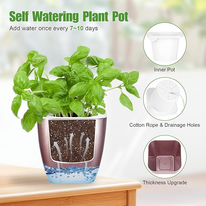 8 Pack Self Watering Pots 4-inch Decorative Flower Planters for Indoor Plants Modern Square planters for Small Plants Window Sill Planters for Succulents, African Violets, Herbs(Rose Gold)