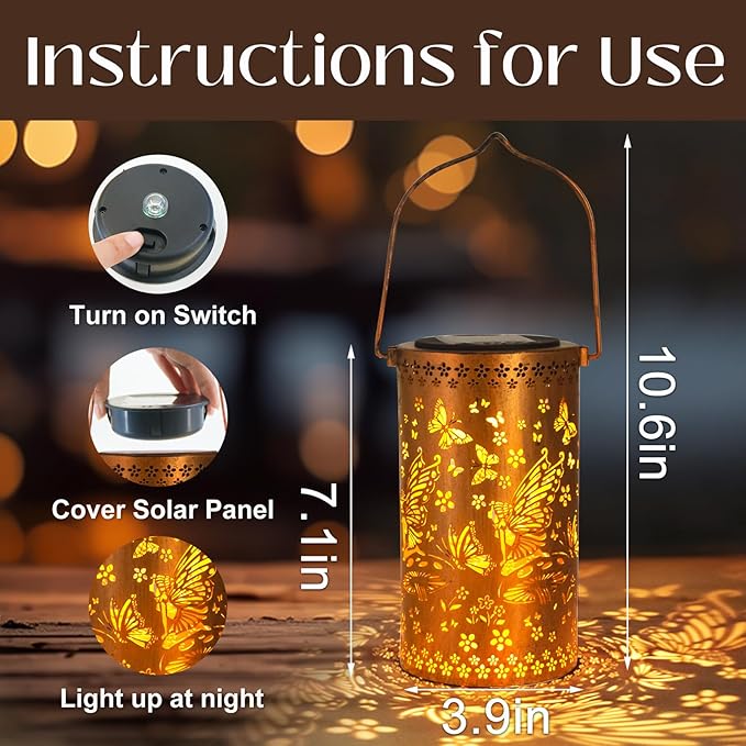 Solar Lanterns Outdoor Hanging Lantern Lights,Fairy Metal Decor Lanterns-Waterproof LED Decorative Light for Garden Patio Yard Lawn Backyard Front Porch as Gifts for Mom Grandma Women