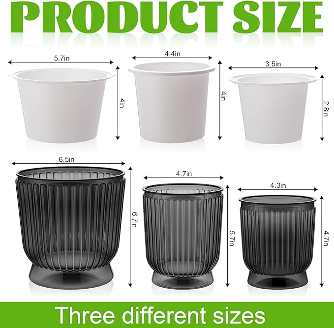 Set of 6 Self Watering Plant Pot 3 Sizes Plastic Double Layer Self Watering Flower Pot with Multi Mesh Drainage Holes Wicking Reservoir for Indoor Outdoor Garden Plants(Black)