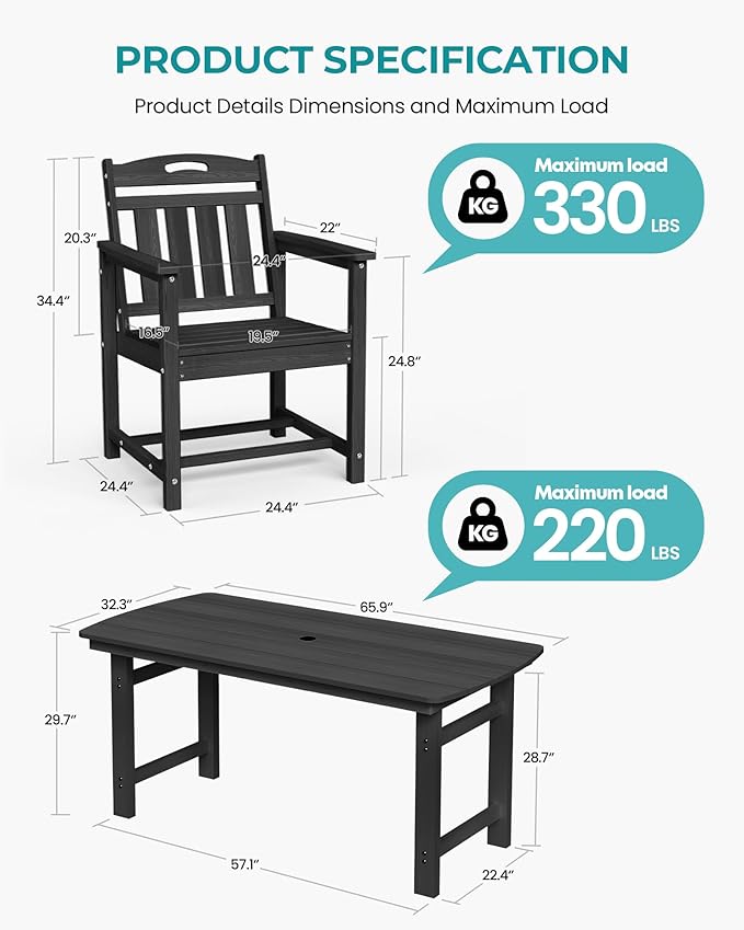 Outdoor Rectangle Dining Table, Heavy-Duty HDPE Table for 6, Weatherproof Patio Table with Umbrella Hole, Rounded Corners for Safety, Black