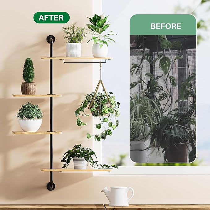 YUOROS Window Shelf for Plants, 4-Tier Rotating Window Sill Plant Shelves Stand Plant Wall Holder with Hanger
