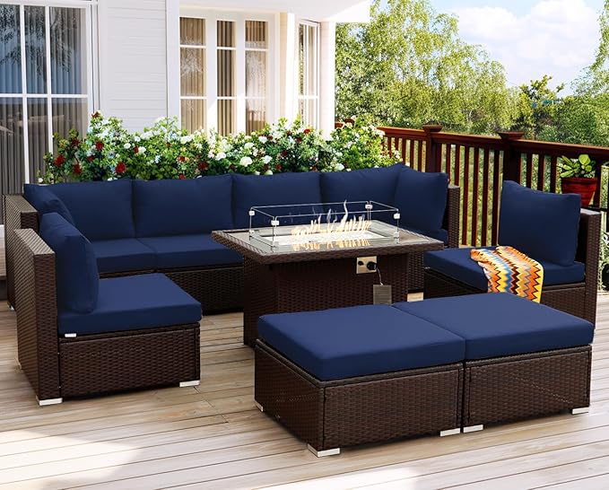 NICESOUL 9 Piece Patio Furniture Set with Fire Pit Natural Gas/Propane, 29.3'' High Back Comfy Outdoor Wicker Conversation Set, XL Large Deep Sitting Sectional Sets, Brown Rattan and Navy Blue Cushion