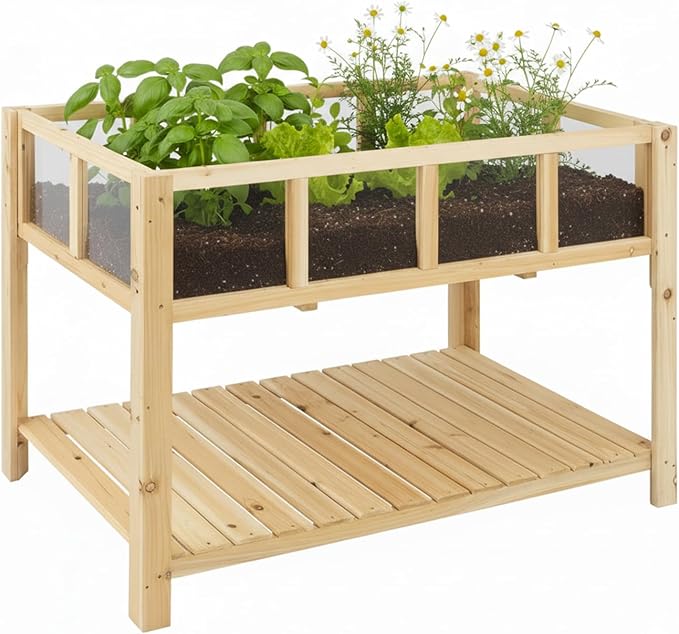 Raised Garden Bed with Transparent Acrylic Panels, Elevated Wooden Raised Garden Bed Planter, Fir Wood Outdoor Planter Box for Herbs, Flowers & Patio Balcony Gardening (Natural)