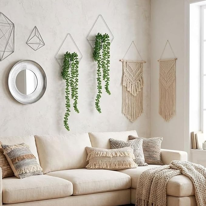 2 Pieces Wall Decor Hanging Planters with Artificial Plants Metal Hanging Vase Indoor Plants Holder Modern Boho Wall Art for Bathroom Bedroom Living Room Decor, Silver, Succulents
