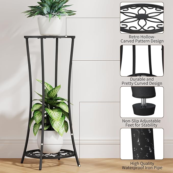 YINMIT Plant Stand Indoor Outdoor, 2 Tier Metal Potted Holder Rack, Flower Pot Stand Shelf, Heavy Duty Round Supports Rack, Corner Plant Shelf for Balcony Garden Patio Living Room (Black-Iron)