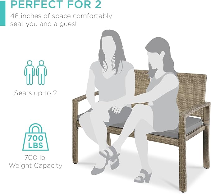 Best Choice Products Outdoor Bench 2-Person Wicker Garden Patio Benches Seating Furniture for Backyard, Porch w/Seat Cushion, 700lb Capacity - Cement Gray/Taupe