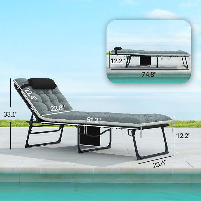 Outsunny Chaise Lounge Chair Outdoor Set of 2, 5-Position Adjustable Outdoor Pool Lounge Chairs, Folding Tanning Chair Beach Lounger with Cushion, Headrest, Side Pocket for Patio, Yard, Black/Gray