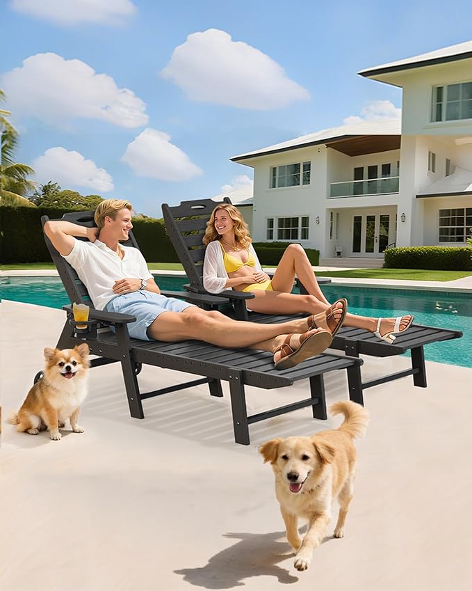 Carauci Lounge Chair Outdoor Set of 2, HDPE Chaise Lounge with Wheels, 5-Position Adjustable Backrest & 2 Cup Holders Patio Lounge Chair, All-Weather Pool Sun Lounger for Poolside, Backyard, Black