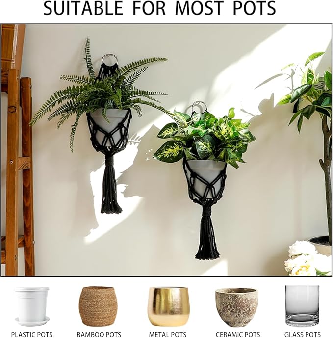 Artilady 2 Pack Black Macrame Plant Hanger Indoor - Large Hanging Planters for Wall Plants Holder Short Hademade Boho Farmhouse Rustic Home Decor (Black Plant Hanger-2pcs)