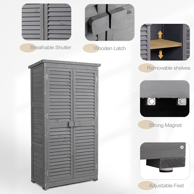 Outvita Outdoor Storage Cabinet, 63in Wooden Garden Tools Shed with 2 Lockable Doors, 3 Adjustable Shelves, Waterproof Roof for Yard Garge Patio Deck Porch（Grey）