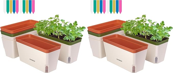 VIVOSUN Self-Watering Planters, 8-Pack 10.5 Inch Compact Rectangular Window Herb Planter Box with 10 PCS Plant Labels, Plant Container for Basil, Flowers, Succulents, Indoor & Outdoor