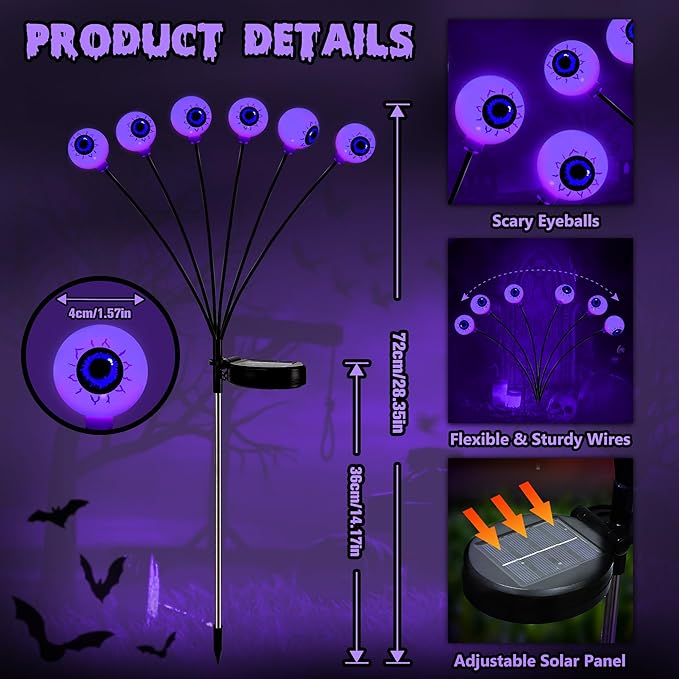 BrizLabs Halloween Eyeball Lights, 2 Pack 12 LED Solar Halloween Lights, 2 Modes Outdoor Spooky Walkway Light, Purple Swinging Firefly Light, Outside Purple Pathway Lighting for Yard Garden Lawn Party