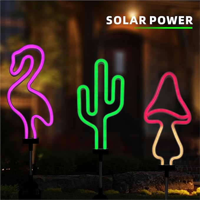 Flamingo Cactus and Mushroom Solar Garden Stake Lights Outdoor Waterproof Neon Lights Decoration,Outdoor Solar Pink Flamingos Lights for Outside,Yard,Pathways,Patio, Lawn or Landscaping Decor(3pcs)