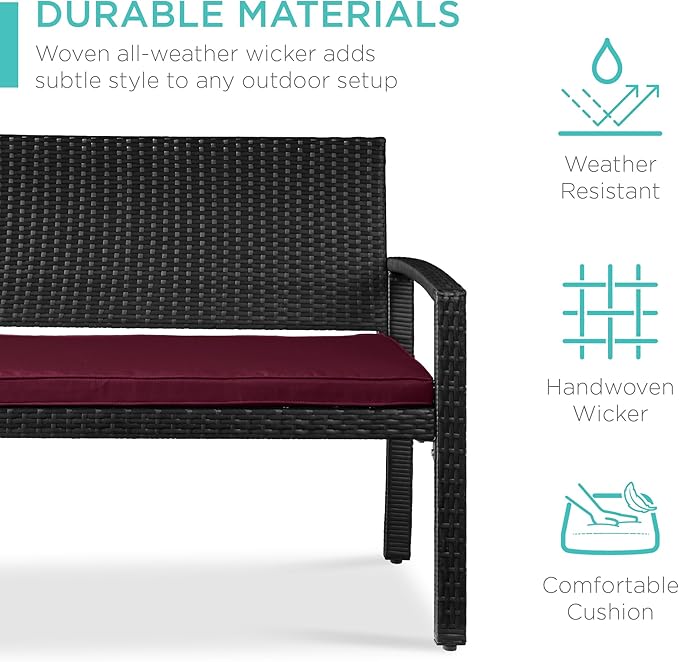 Best Choice Products Outdoor Bench 2-Person Wicker Garden Patio Benches Seating Furniture for Backyard, Porch w/Seat Cushion, 700lb Capacity - Deep Burgundy/Black