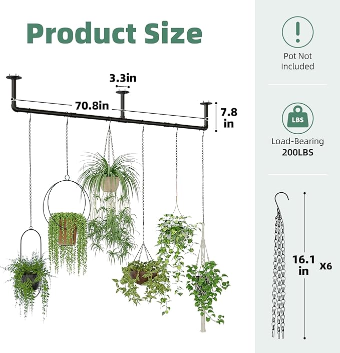 Plant Hanger Indoor with 6 Hanging Chains Hanging Planters for Indoor Plants Hanging Plant Holder Window Plants Rod Black Metal Shelves(70.8 Inch Pot not Included