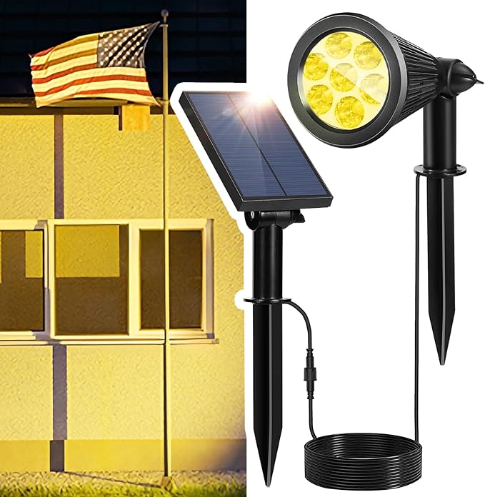 Spotlights Outdoor Solar for Flag Pole, Bright 7-LED Solar Spot Light with Separate Panel Waterproof, Dusk-to-Dawn Flagpole Light, Adjustable Landscape Ground Wall Lighting for Yard Garden(Warm White)
