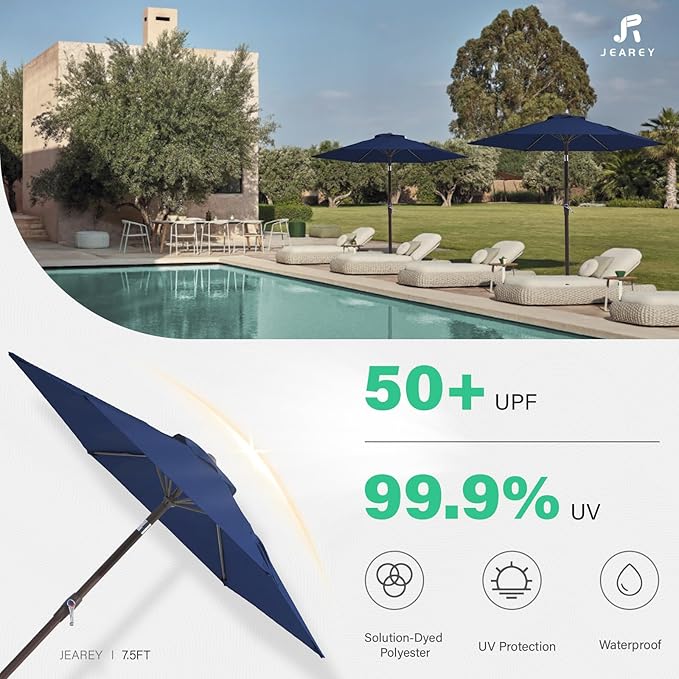 JEAREY 7.5FT Patio Umbrella Outdoor Table Umbrella with 6 Sturdy Ribs, Push Button Tilt & Easy Crank Table Umbrella for Garden, Deck, Backyard & Pool, Deep Blue