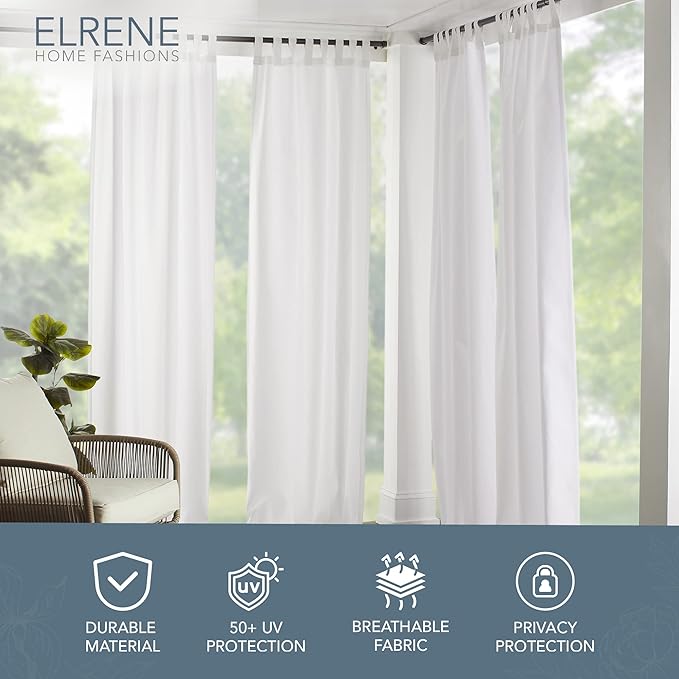 Elrene Home Fashions Matine Weatherproof Tab-Top Indoor/Outdoor Solid Color Curtain Panel for Porch, Pergola, Patio, Deck, 52”W x 95”L, White