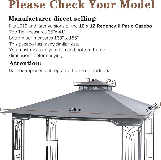 SCOCANOPY Replacement Gazebo Canopy for 10 x 12 Regency II Patio Gazebo Model L-GZ798PST,A101004104,A101004105,(Grey)