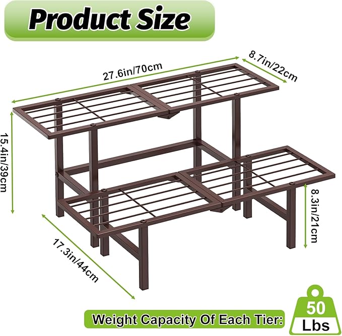 2 Tier Plant Stand Indoor Outdoor, Foldable Metal Separated Ladder Plant Stands, Plant Shelf Multiple Flower Pot Holder Display Shelving for Garden Living Room Patio,Brown