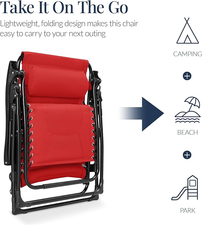 Best Choice Products Oversized Padded Zero Gravity Chair, Folding Outdoor Patio Recliner, XL Anti Gravity Lounger for Backyard w/Headrest, Cup Holder, Side Tray, Polyester Mesh - Crimson Red