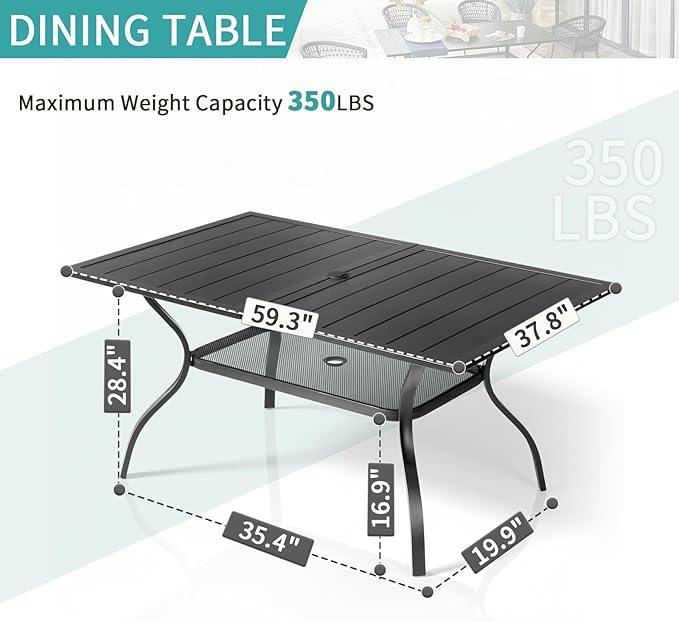 VINGLI 59" Rectangle Patio Table for 6, Metal Outdoor Dining Table with Umbrella Hole, All-Weather Steel Patio Dining Table Outdoor Table for Lawn, Garden, Backyard, Black (L59 xW35)