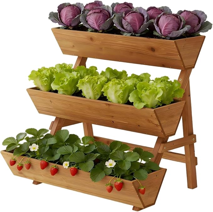 3-Tiers Wooden Raised Garden Bed Tiered Planter Box Flower Pots Vertical Garden Planter Wood Plant Stand for Vegetables Flowers Herbs for Patio, Balcony, Freestanding (Brown L)