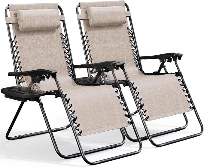 Nestl Zero Gravity Chairs Set of 2, Patio Lounge Chair Outdoor with Pillows & Cup Holder Trays, Adjustable Steel Mesh Reclining Camping Chair, Folding Patio Lawn Chair for Deck, Beach, Yard - Beige