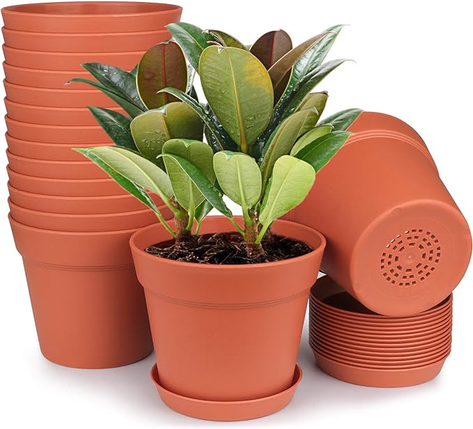 homenote Pots for Plants, 15 Pack 6 Inch Plastic Planters with Multiple Drainage Holes and Tray - Plant Pots for All Home Garden Flowers Succulents