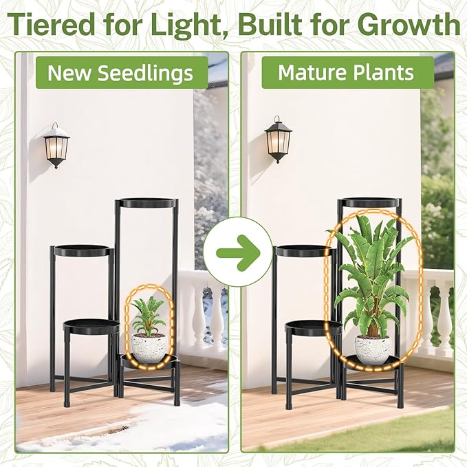 iDavosic.ly Plant Stand Indoor Outdoor, 4 Tier Corner Metal Flower Display Holder Shelf, Easy Assembly Folding Tall Orchid Rack for Patio Balcony Porch Garden Living Room House, Black