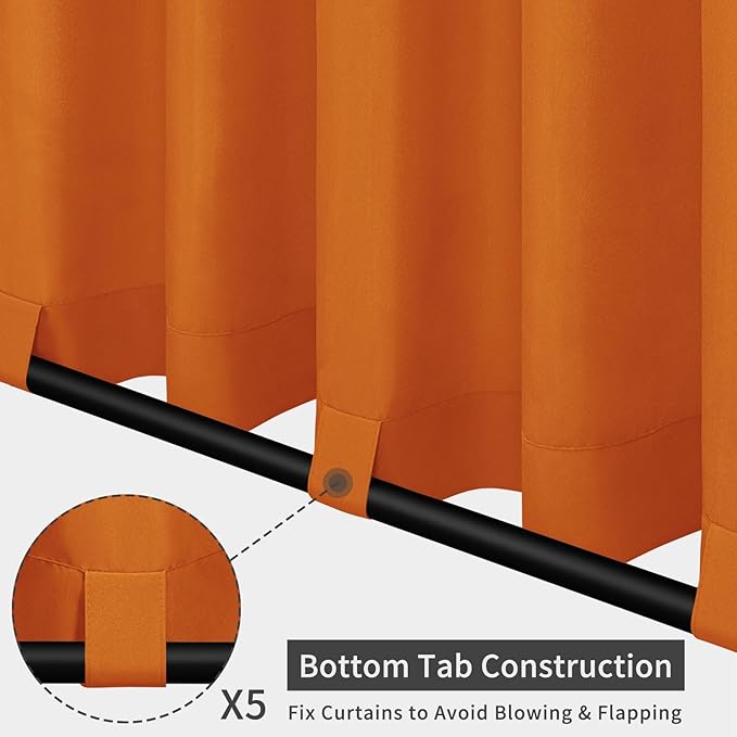 Easy-Going Outdoor Patio Curtains Detachable Tab Top Windproof Weatherproof Curtain for Cabana, Porch, Pergola and Gazebo, Tab Bottom Drape, 2 Panels, 110W x 120L inch, Orange