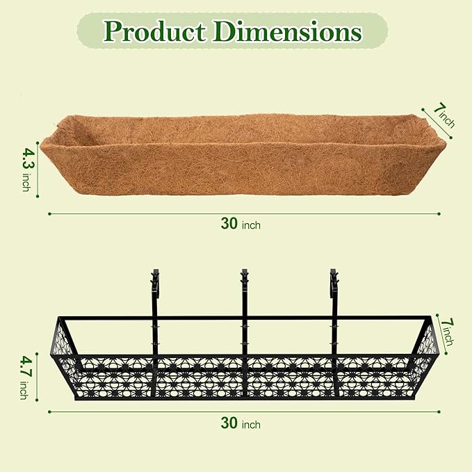SPECILITE 30" Window Boxes Planters, Heavy Duty Metal Railing Planter Boxes, Adjustable Balcony Planters for Railing Hanging, with Coco Liner & Tool Set for Deck, Porch, and Patio Gardening (6 Pack)