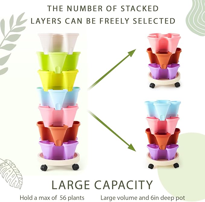 Umigy 2 Set of 7 Tier Vertical Planter Stackable Tower Planters Strawberry Herb Flower and Vegetable Pots Indoor Outdoor Gardening Pots with Removable Wheels and Tools(Macaron)