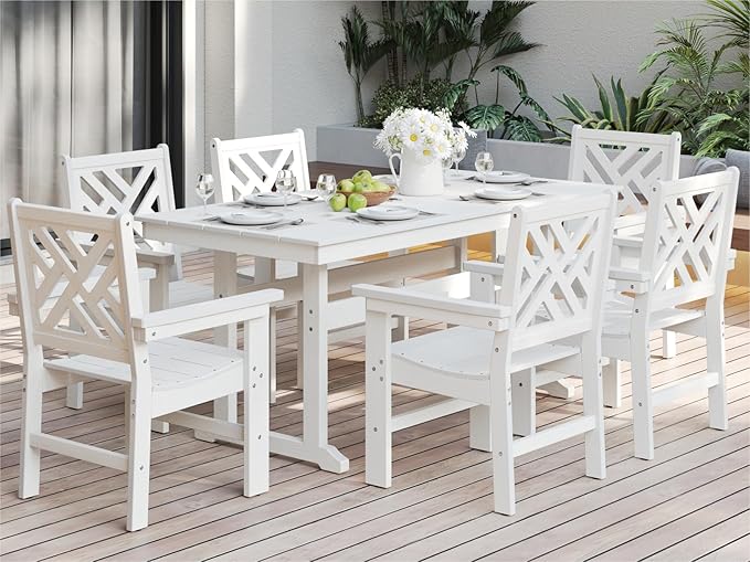 7-Piece Outdoor Dining Set, HDPE All-Weather Patio Table and Chairs Set for 6, Outdoor Patio Furniture Sets with Umbrella Hole for Outside, Deck, Backyard, Garden (White)