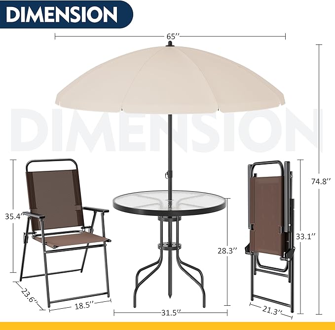 Shintenchi 6 Piece Patio Dining Set with Umbrella, Outdoor Furniture Set with 4 Folding Chairs and Tempered Glass Top Dining Table fot Lawn Backyard Garden Porch Brown and Beige