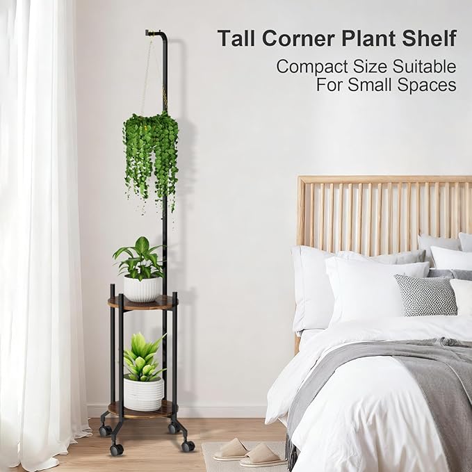 Plant Stand Indoor, 2 Tier Hanging Tall Plant Shelf with Wheels, 3 Potted Corner Flower Stand Metal Plant Holder, Plant Shelves for Living Room, Bedroom, Patio, Outdoor, Black