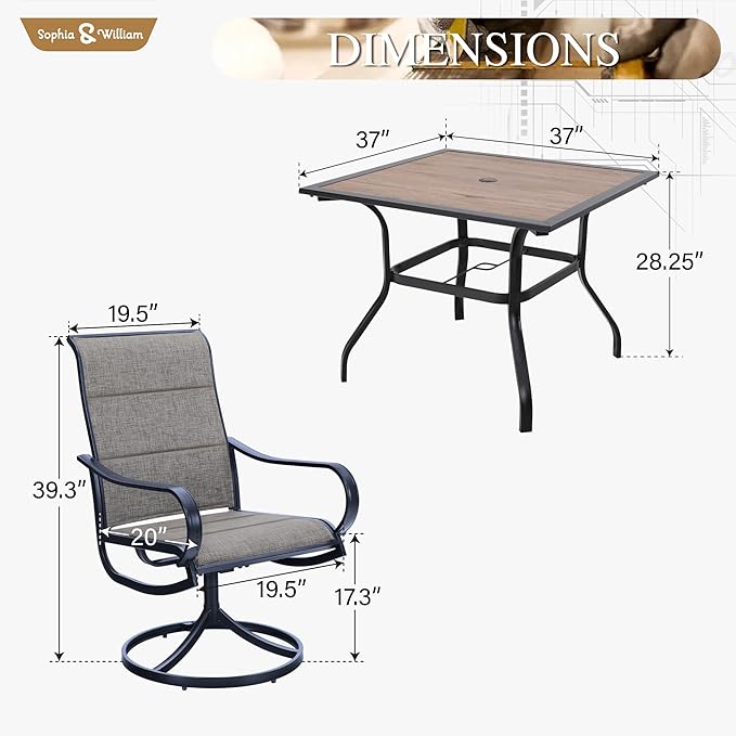 Sophia & William Patio Dining Set, 1 Square Wood Like Umbrella Table 37", 4 Swivel Chairs Furniture Set for Outdoor Garden Lawn Pool Easy to Care Weather Resistant