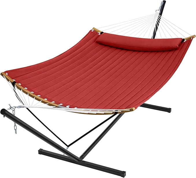 SUPERJARE Hammock with Stand, 2 Person Heavy Duty Hammock with Padded Cotton, Detachable Pillow & Strong Curved-Bar & Portable Carrying Bag, Perfect for Outdoor & Indoor, Burgundy
