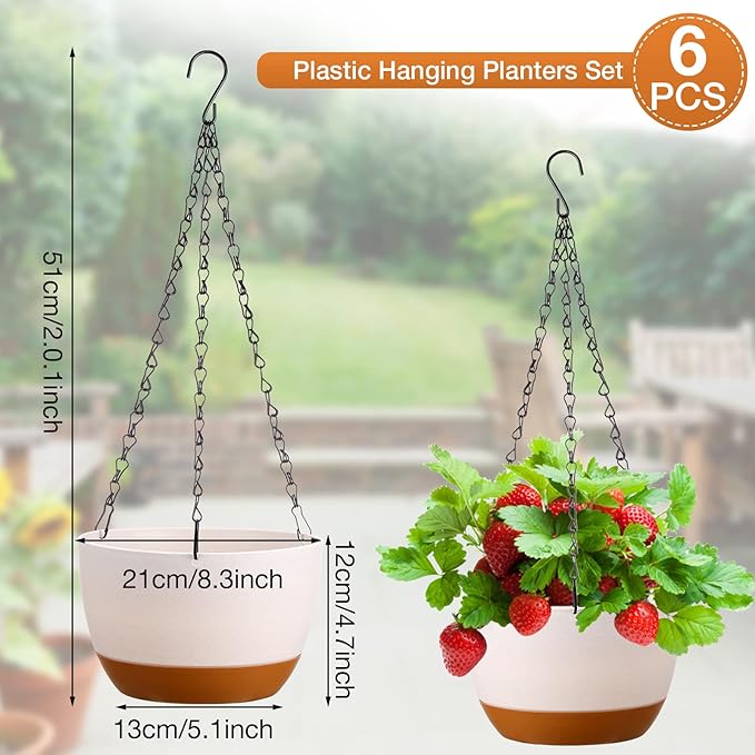 Mumufy 6 Pcs 8 Inch Hanging Planter for Indoor and Outdoor Plants Plastic Hanging Flower Pots with Drainage Hole and Removable Saucer Hanging Plant Holder Plant Hanging Basket (White)