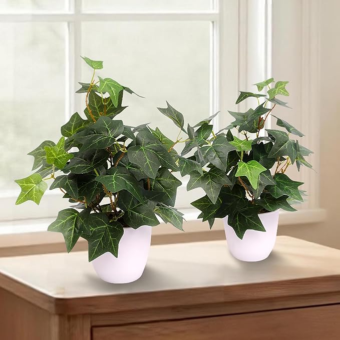 alyptus Fake English Ivy Plants in Pots Set of 2 – Realistic Artificial Ivy Greenery for Home Decor, Tabletop, Office, Shelf, Balcony or Bathroom - Green with White Pots