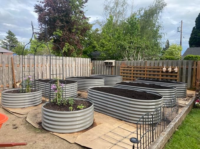 A ANLEOLIFE 4-Set 8X4X2 ft Galvanized Raised Garden Bed Kit, Oval Metal Deep Root Planters for Outdoor Plants, Quartz Grey
