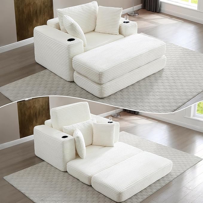 HANXIN 62" Chaise Lounge Chair Indoor, Oversized Corduroy Boneless Convertible Chaise Lounge Couch Sleeper Chair with Ottoman, Deep Seat Reading Chair, No Assembly Required (Beige)