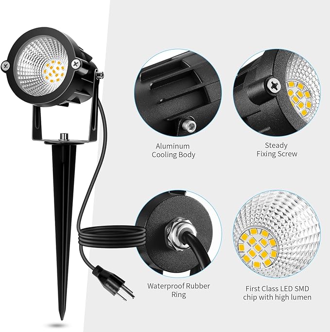 Outdoor Spotlight Warm White 2700K, 10W LED Spot Lights Outdoor for Yard Garden Tree, 120V Plug in Landscape Lighting with IP65 Waterproof for Halloween Christmas Decor, 4 Pack