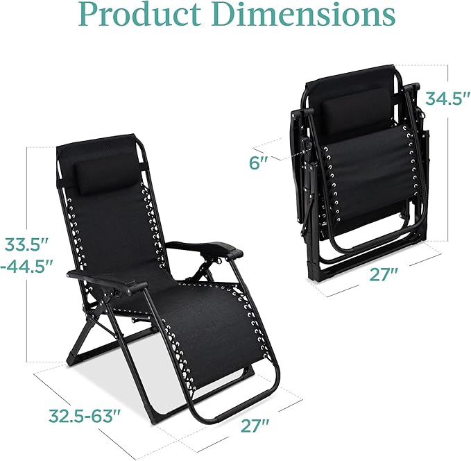 Best Choice Products Oversized Zero Gravity Chair, Folding Outdoor Patio Recliner, XL Anti Gravity Lounger w/Removable Cushion, Cup Holder, Side Tray, 350lb Capacity - Onyx Black