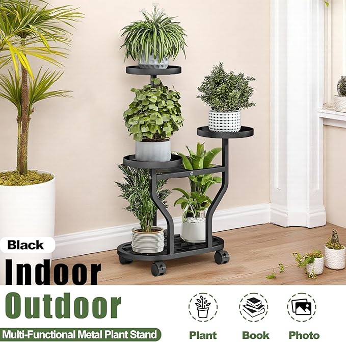 Plant Stand with Wheels 3 Tier Metal Plant Holder Corner Flower Shelf for Multiple Plants Display Rack for Bedroom Living Room Balcony Garden Black (Black, 3 Tier)