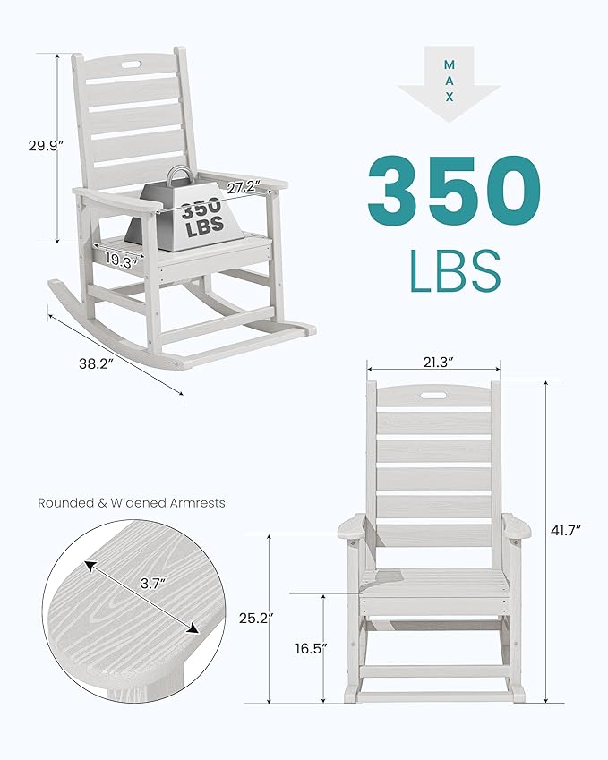 SERWALL Outdoor Rocking Chair Set of 4, Oversized HDPE Patio Rocking Chair with Footrest for Adults, All Weather Porch Rocker for Deck Patio Balcony, White