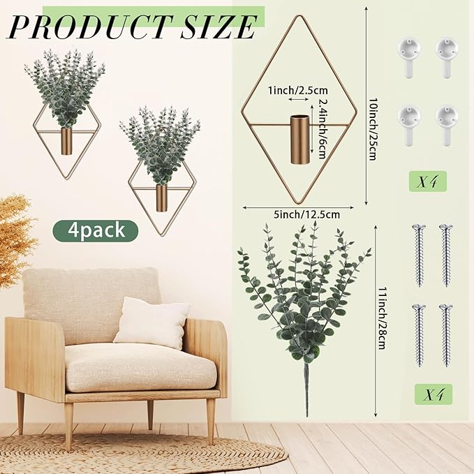 Jexine 8 Pcs Hanging Planters with Artificial Eucalyptus Metal Hanging Vase Indoor Plants Holder Modern Geometric Boho Bathroom Wall Decor for Living Room Home Office (Eucalyptus,Bronze)